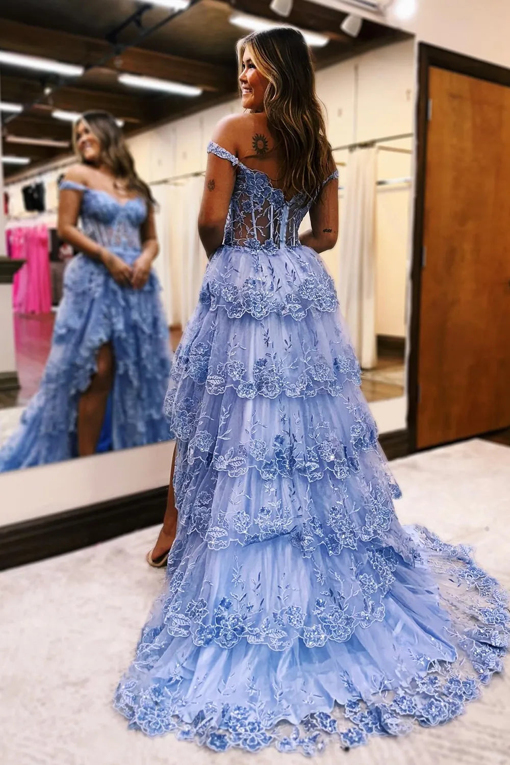 Wholesale Goegeous Grey Blue Off The Shoulder Long Tiered Prom Dress With Appliques prom dresses with long sleeves